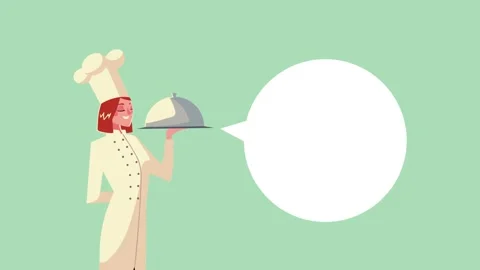 Professional female chef holding silver cloche tray with speech bubble for .. 動画素材 339067264