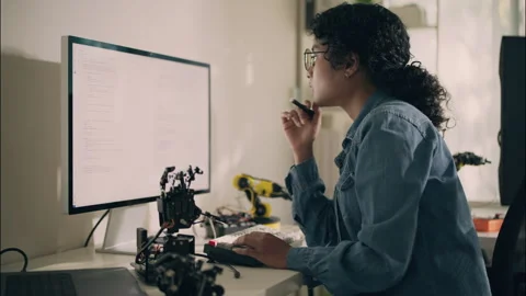 Professional female engineer coding robotics project on computer. Stock Footage 319001262