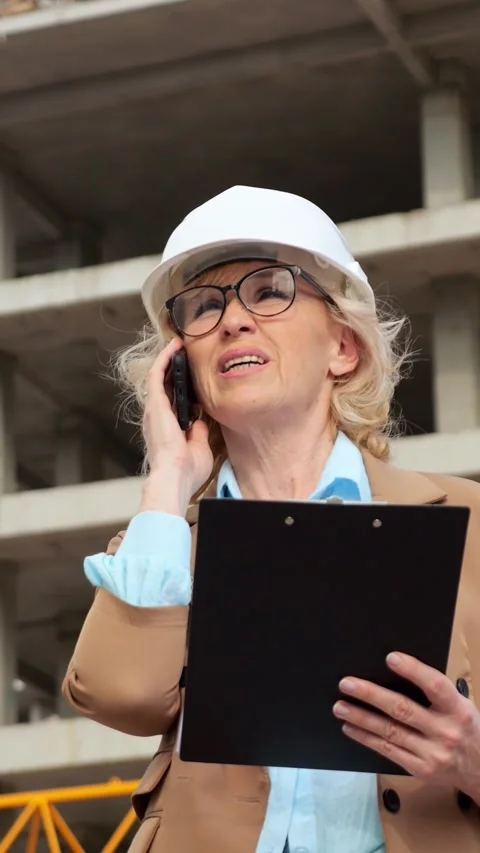 Professional female engineer talking on phone at construction site Stock-Footage 341441091