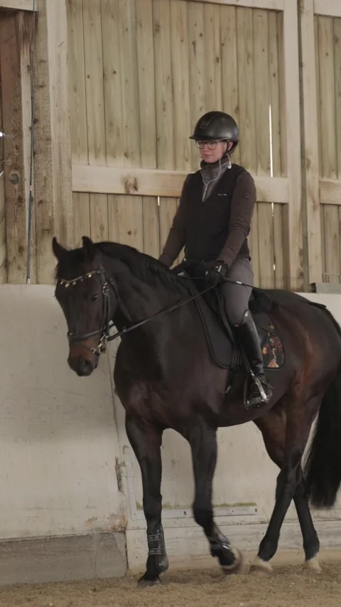 Professional female equestrian training her dark bay horse inside a spacious 스톡 동영상 333697728