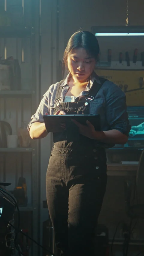 Professional Female Mechanic Works in Workshop, Running Computer Diagnostics Stock Footage 330264302