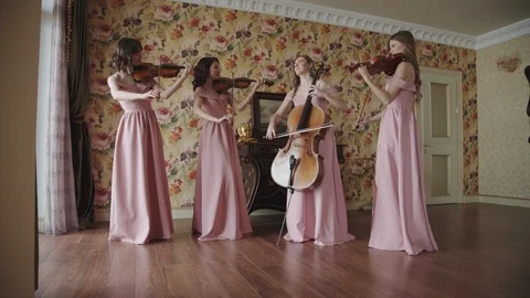 Professional female quartet charismatically playing on stringed instruments 스톡 동영상 105479024