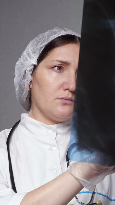 Professional female radiologist examining a chest x ray scan, focusing on lungs Stock Footage 340846151