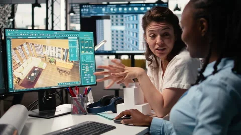 Professional female team working with architectural measurement software Stock Footage 316646461