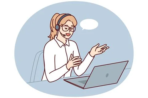 Professional female technical support agent use laptop and headset to consult Stock Illustration