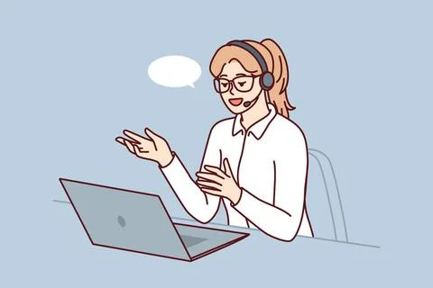 Professional female technical support agent use laptop and headset to cons... Stock Photos