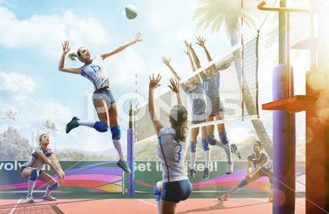 Professional female volleyball players in action on the court Stock Photos