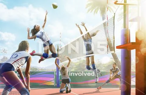 Professional female volleyball players in action on the court Stock Photos