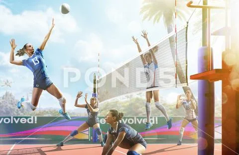 Professional female volleyball players in action on the court Stock Photos