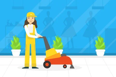 Professional Female Worker in Uniform Using Floor Cleaning Machine, Cleaning Illustrazione stock