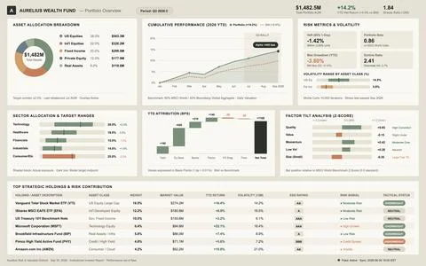 Professional financial dashboard displaying wealth fund performance, asset al Stock Illustration
