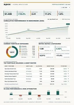 Professional financial report layout featuring line graphs, donut charts, and Illustration