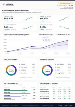 Professional financial report vector featuring line graphs, donut charts, and Stock Illustration