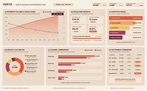 Professional fintech dashboard vector featuring financial charts, fraud risk  Stock Illustration