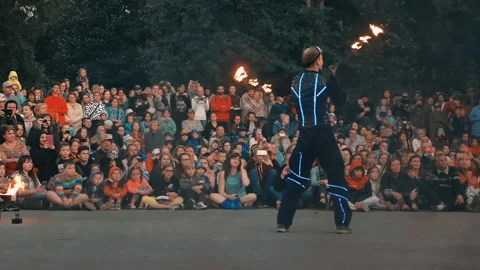 Professional fire actor show performs stunts with fire. Stock Footage 160760070