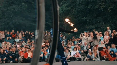 Professional fire actor show performs stunts with fire. Stock Footage 160779557
