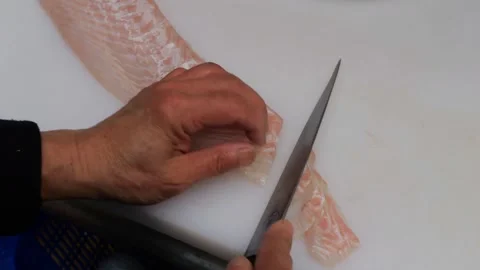 Professional fish slicing and plating in commercial kitchen Stock Footage 345511057