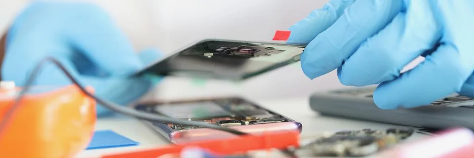 Professional fixing broken cellphone, put phone cover, handyman work in gloves Stock Photos