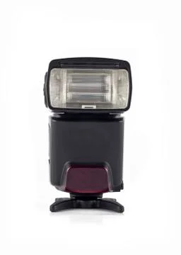 Professional flash on stand for digital camera isolated Stock Photos
