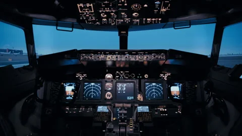 Professional Flight Simulator Cockpit Interior Before Operation Stock Footage 326180867