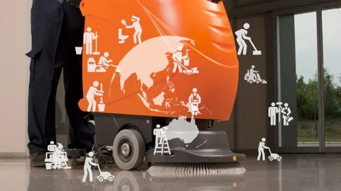 Professional floor cleaning machine washes, does wet cleaning at the enterprise. Video stock 233671757