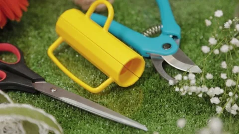 Professional florist tools on the table. Video stock 131875462