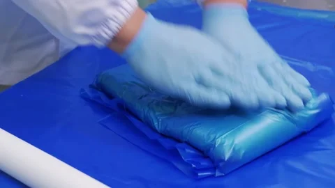 Professional Food Packaging Hands in Blue Gloves Wrapping a Fresh Dessert Pie wi Stock Footage 337751393