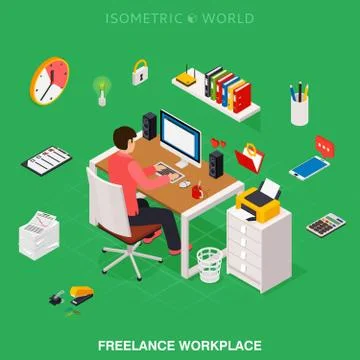 Professional freelancer working on desktop computer at desk. Stock Illustration