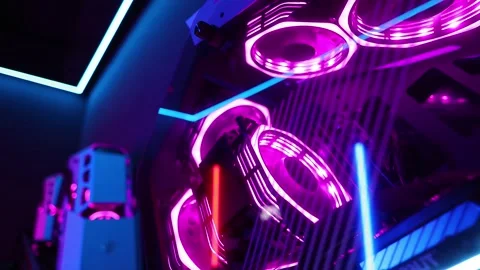 Professional gaming computer with neon backlight with headset Stock Footage 309816817
