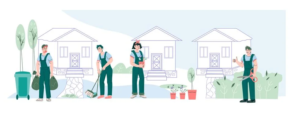 Professional garden care and tree trimming services banner, cartoon flat vect Stock Illustration