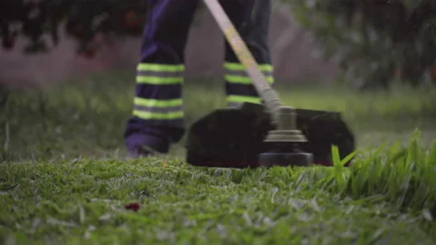 Professional gardener cutting or mowing grass. Concept of care and maintenance o Vidéo 168684530