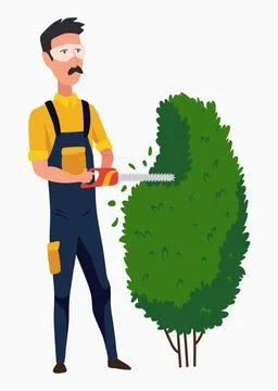 Professional gardener pruning tree with pruners or garden shears. Man working Stock Illustration