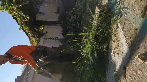 Professional gardener using string trimmer to cut grass Stock Footage 143642677
