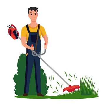 Professional gardener working on backyard and mowing lawn with electric mower Stock Illustration