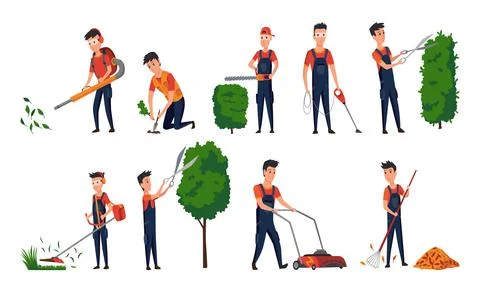 Professional gardeners with different tools and poses. Maintenance performing Illustrazione stock
