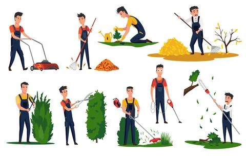 Professional gardeners with different tools and poses. Maintenance performing Illustrazione stock