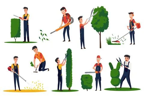 Professional gardeners with different tools and poses. Maintenance performing Illustrazione stock