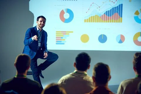 Professional giving talk on data science with detailed analytical visualization Stock Photos