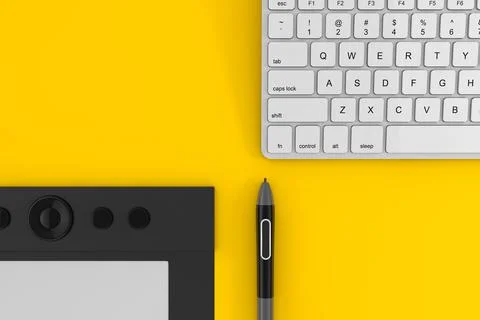 Professional Graphics Tablet with Digitized Pen near Computer Keyboard. 3d Re Stock Illustration