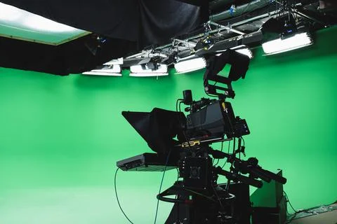Professional green box tv studio. Prompter camera and studio lights Stock Photos