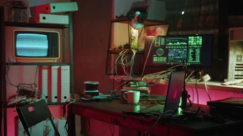 Professional hacker workplace close-up. Technology for hacking computer systems Stock Footage 158621879