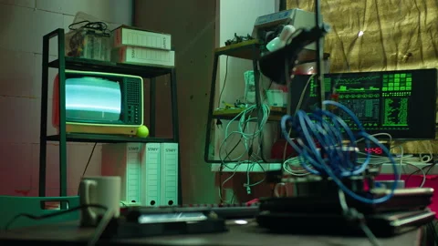 Professional hacker workplace close-up. Technology for hacking computer systems Stock Footage 158623306