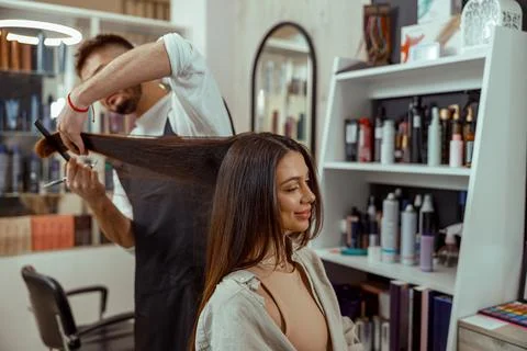 Professional hairdresser holding a comb while cutting hair of woman Stock Photos