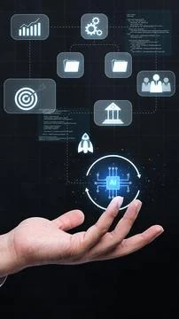 A professional hand presenting a digital ecosystem of AI technology, data a.. Stock Photos