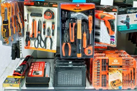 Professional Hand Tool Sets In Plastic Packaging On Store Shelf Stock Photos