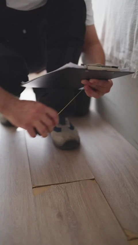 Professional handyman measuring damaged laminate flooring and recording rep.. Stock Footage 344807740