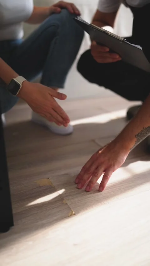Professional handyman in work uniform inspecting damaged laminate flooring .. Stock Footage 343681886