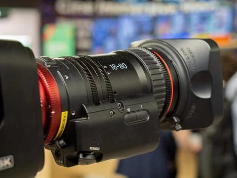 Professional HD Camera Lens Close-Up at Trade Show Stock Photos
