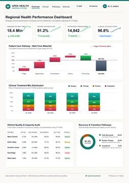 Professional healthcare analytics dashboard featuring waterfall charts, bar g Stock Illustration