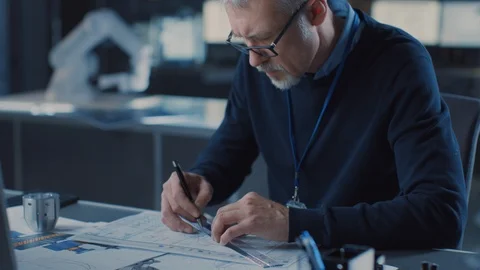Professional Heavy Industry Engineer Draws Engine Concept Blueprint Stock Footage 104953424